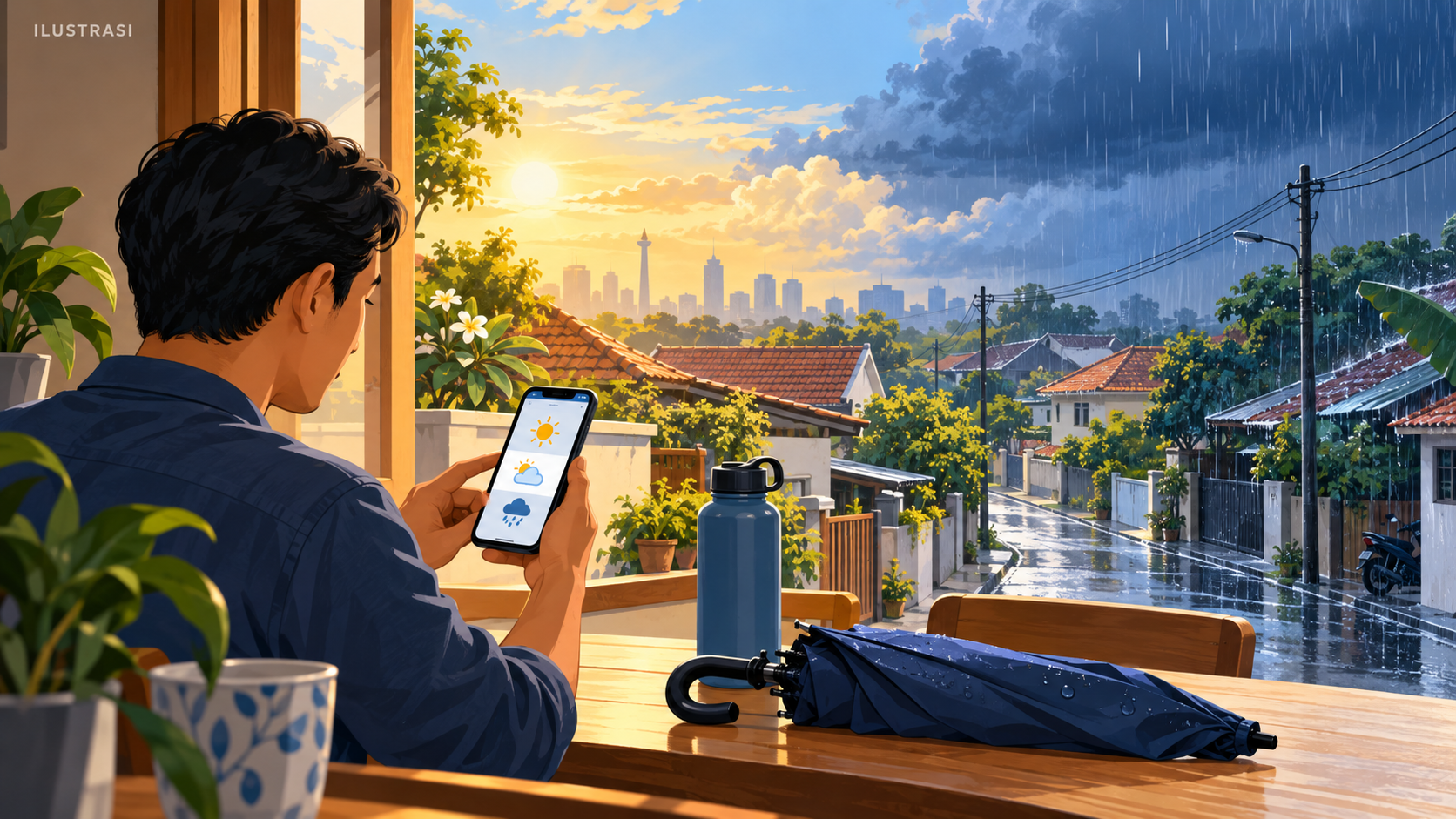 Ilustrasi warga memeriksa prakiraan cuaca; bukan peta atau dokumentasi cuaca aktual.